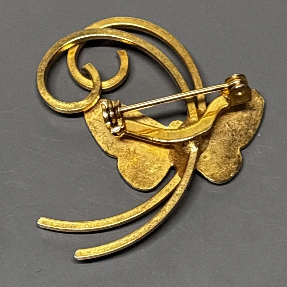 Butterfly Brooch Pin Gold Tone Black Enamel Swirl Design Costume Jewelry Fashion